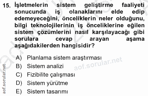15. soru: Işletmelerin sistem geliştirme faaliyeti sonucunda iş olanaklarını elde edip edemeyeceğini, önceliklerin neler olduğu…