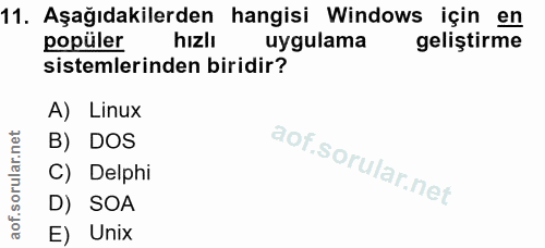 11. soru: Aşağıdakilerden hangisi Windows için en popüler hızlı uygulama geliştirme sistemlerinden biridir? A) Linux B) DOS C)…