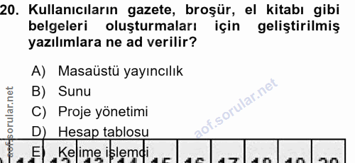 20. soru: Kullanıcıların gazete, broşür, el kitabı gibi belgeleri oluşturmaları için geliştirilmiş yazılımlara ne ad verilir? A…