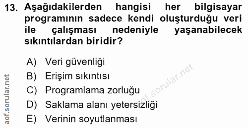 13. soru: Aşağıdakilerden hangisi her bilgisayar programının sadece kendi oluşturduğu veri ile çalışması nedeniyle yaşanabilece…