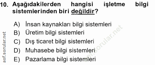 10. soru: Aşağıdakilerden hangisi işletme bilgi sistemlerinden biri değildir? A) Insan kaynakları bilgi sistemleri B) Uretim bi…