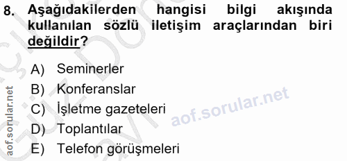 8. soru: Aşağıdakilerden hangisi bilgi akışında kullanılan sözlü iletişim araçlarından biri değildir? A) Seminerler B) Konfera…