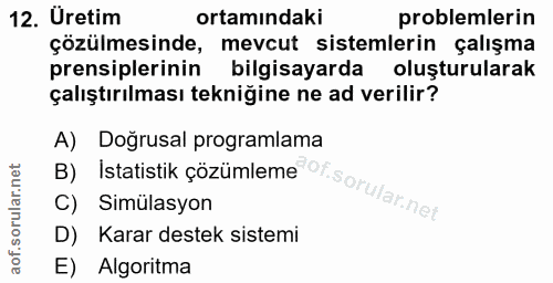 12. soru: Uretim ortamındaki problemlerin çözülmesinde, mevcut sistemlerin çalışma prensiplerinin bilgisayarda oluşturularak ça…