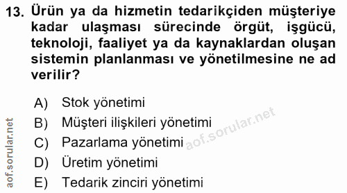 13. soru: Urün ya da hizmetin tedarikçiden müşteriye kadar ulaşması sürecinde örgüt, işgücü, teknoloji, faaliyet ya da kaynakla…