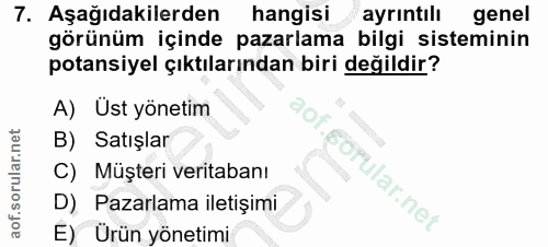 7. soru: Aşağıdakilerden hangisi ayrıntılı genel görünüm içinde pazarlama bilgi sisteminin potansiyel çıktılarından biri değil…