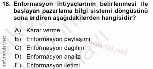 18. soru: Enformasyon ihtiyaçlarının belirlenmesi ile başlayan pazarlama bilgi sistemi döngüsünü sona erdiren aşağıdakilerden h…