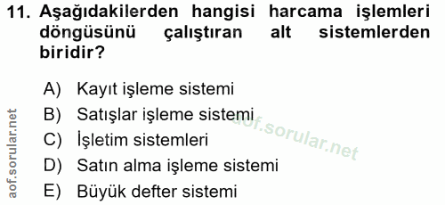 11. soru: Aşağıdakilerden hangisi harcama işlemleri döngüsünü çalıştıran alt sistemlerden biridir? A) Kayıt işleme sistemi B) S…