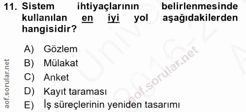 11. soru: Sistem ihtiyaçlarının belirlenmesinde kullanılan en iyi yol aşağıdakilerden hangisidir? A) Gözlem ar.net B) Mülakat C…