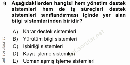 9. soru: Aşağıdakilerden hangisi hem yönetim destek sistemleri hem de iş süreçleri destek sistemleri sınıflandırması içinde ye…