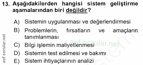13. soru: Aşağıdakilerden hangisi sistem geliştirme aşamalarından biri değildir? A) Sistemin uygulanması ve değerlendirmesi B)…