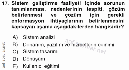 17. soru: Sistem geliştirme faaliyeti içinde sorunun tanımlanması, nedenlerinin tespiti, çözüm belirlenmesi ve çözüm için gerek…