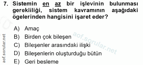 7. soru: Sistemin en az bir işlevinin bulunması gerekliliği, sistem kavramının aşağıdaki ögelerinden hangisini işaret eder? A)…