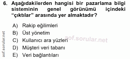 6. soru: Aşağıdakilerden hangisi bir pazarlama bilgi sisteminin genel görünümü içindeki "çıktılar" arasında yer almaktadır? A)…
