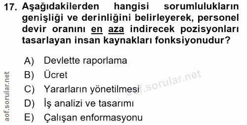17. soru: Aşağıdakilerden hangisi sorumlulukların genişliği ve derinliğini belirleyerek, personel devir oranını en aza indirece…