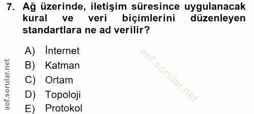 7. soru: Ağ üzerinde, iletişim süresince uygulanacak kural ve veri biçimlerini düzenleyen standartlara ne ad verilir? A) Inter…