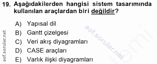 19. soru: Aşağıdakilerden hangisi sistem tasarımında kullanılan araçlardan biri değildir? A) Yapısal dil B) Gantt çizelgesi C)…