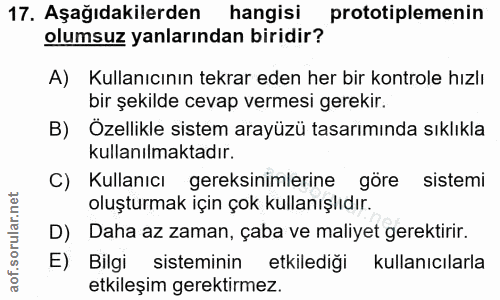 17. soru: Aşağıdakilerden hangisi prototiplemenin olumsuz yanlarından biridir? A) Kullanıcının tekrar eden her bir kontrole hız…