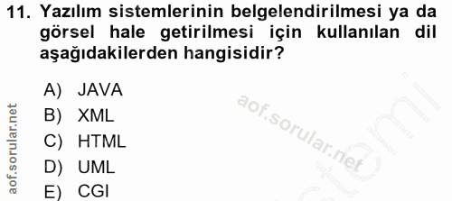 11. soru: Yazılım sistemlerinin belgelendirilmesi ya da görsel hale getirilmesi için kullanılan dil aşağıdakilerden hangisidir?…