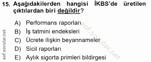 15. soru: Aşağıdakilerden hangisi İKBS'de üretilen çıktılardan biri değildir? A) Performans raporları B) İş tatmini endeksleri…