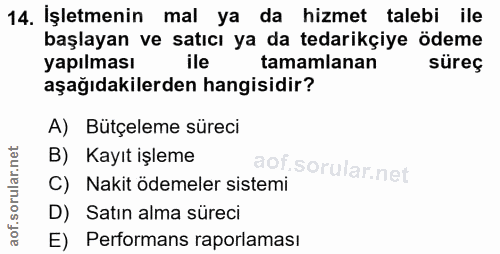 14. soru: İşletmenin mal ya da hizmet talebi ile başlayan ve satıcı ya da tedarikçiye ödeme yapılması ile tamamlanan süreç aşağ…