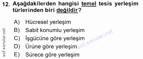 12. soru: Aşağdakilerden hangisi temel tesis yerleşim türlerinden biri değildir? A) Hücresel yerleşim B) Sabit konumlu yerleşim…