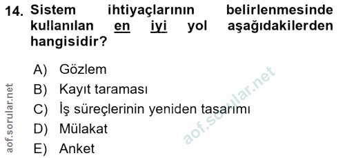 14. soru: Sistem ihtiyaçlarının belirlenmesinde kullanılan en iyi yol aşağıdakilerden hangisidir? A) Gözlem B) Kayıt taraması C…