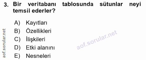 3. soru: Bir veritabanı tablosunda sütunlar neyi temsil ederler? A) Kayıtları B) Özellikleri C) İlişkileri D) Etki alanını E)…