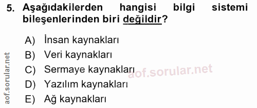 5. soru: Aşağıdakilerden hangisi bilgi sistemi bileşenlerinden biri değildir? A) İnsan kaynakları B) Veri kaynakları C) Sermay…