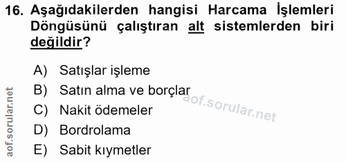 16. soru: Aşağıdakilerden hangisi Harcama İşlemleri Döngüsünü çalıştıran alt sistemlerden biri değildir? A) Satışlar işleme B)…