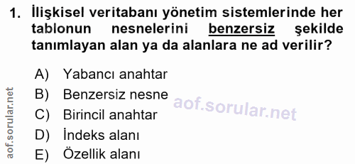 1. soru: İlişkisel veritabanı yönetim sistemlerinde her tablonun nesnelerini benzersiz şekilde tanımlayan alan ya da alanlara…