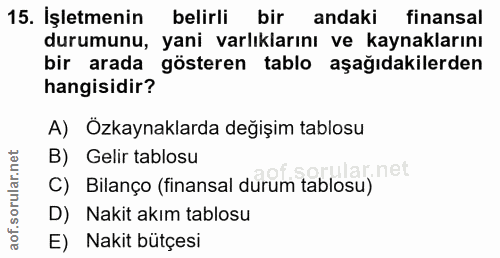 15. soru: İşletmenin belirli bir andaki finansal durumunu, yani varlıklarını ve kaynaklarını bir arada gösteren tablo aşağıdaki…
