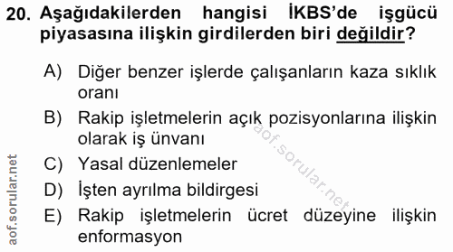 20. soru: Aşağıdakilerden hangisi İKBS'de işgücü piyasasına ilişkin girdilerden biri değildir? A) Diğer benzer işlerde çalışanl…