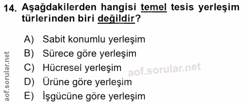 14. soru: Aşağdakilerden hangisi temel tesis yerleşim türlerinden biri değildir? A) Sabit konumlu yerleşim B) Sürece göre yerle…