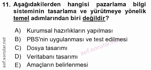 11. soru: Aşağıdakilerden hangisi pazarlama bilgi sisteminin tasarlama ve yürütmeye yönelik temel adımlarından biri değildir? A…