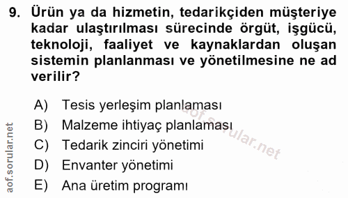 9. soru: Urün ya da hizmetin, tedarikçiden müşteriye kadar ulaştırılması sürecinde örgüt, işgücü, teknoloji, faaliyet ve kayna…