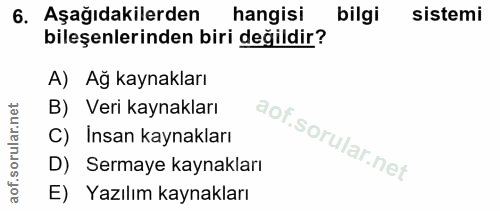 6. soru: Aşağıdakilerden hangisi bilgi sistemi bileşenlerinden biri değildir? A) Ağ kaynakları B) Veri kaynakları C) Insan kay…