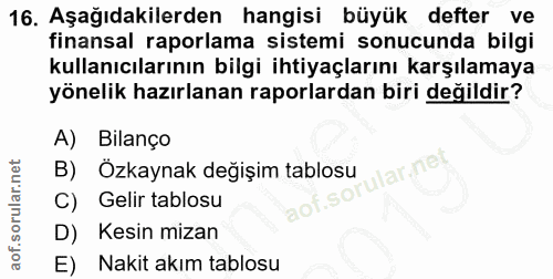 16. soru: Aşağıdakilerden hangisi büyük defter ve finansal raporlama sistemi sonucunda bilgi kullanıcılarının bilgi ihtiyaçları…