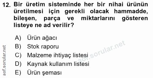 12. soru: Bir üretim sisteminde her bir nihai ürünün üretilmesi için gerekli olacak hammadde, bileşen, parça ve miktarlarını gö…