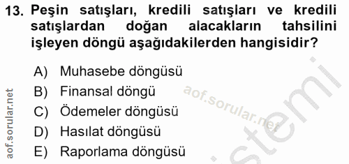 13. soru: Peşin satışları, kredili satışları ve kredili satışlardan doğan alacakların tahsilini işleyen döngü aşağıdakilerden h…