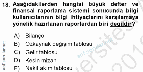 18. soru: Aşağıdakilerden hangisi büyük defter ve finansal raporlama sistemi sonucunda bilgi kullanıcılarının bilgi ihtiyaçları…