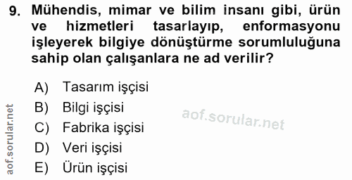 9. soru: Mühendis, mimar ve bilim insanı gibi, ürün ve hizmetleri tasarlayıp, enformasyonu işleyerek bilgiye dönüştürme soruml…