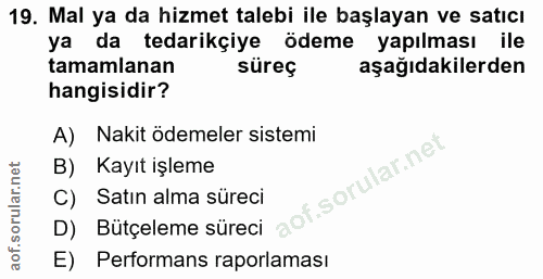 19. soru: Mal ya da hizmet talebi ile başlayan ve satıcı ya da tedarikçiye ödeme yapılması ile tamamlanan süreç aşağıdakilerden…