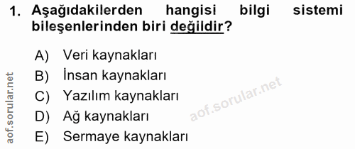 1. soru: Aşağıdakilerden hangisi bilgi sistemi bileşenlerinden biri değildir? A) Veri kaynakları B) Insan kaynakları C) Yazılı…