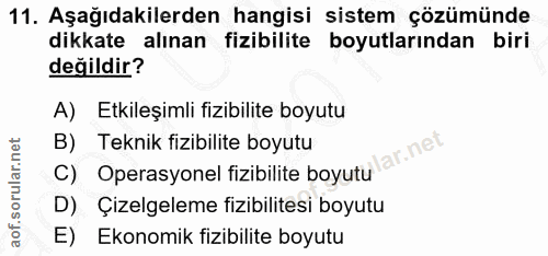 11. soru: Aşağıdakilerden hangisi sistem çözümünde dikkate alınan fizibilite boyutlarından biri değildir? A) Etkileşimli fizibi…