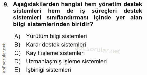 9. soru: Aşağıdakilerden hangisi hem yönetim destek sistemleri hem de iş süreçleri destek sistemleri sınıflandırması içinde ye…