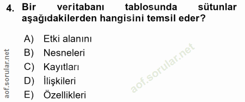 4. soru: Bir veritabanı tablosunda sütunlar aşağıdakilerden hangisini temsil eder? Etki alanını B) Nesneleri C) Kayıtları D) İ…