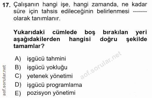 17. soru: Çalışanın hangi işe, hangi zamanda, ne kadar süre için tahsis edileceğinin belirlenmesi olarak tanımlanır. Yukarıdaki…