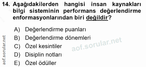 14. soru: Aşağıdakilerden hangisi insan kaynakları bilgi sisteminin performans değerlendirme enformasyonlarından biri değildir?…