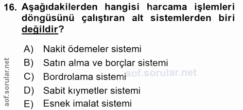16. soru: Aşağıdakilerden hangisi harcama işlemleri döngüsünü çalıştıran alt sistemlerden biri değildir? A) Nakit ödemeler sist…