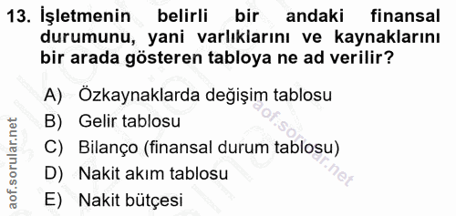 13. soru: İşletmenin belirli bir andaki finansal durumunu, yani varlıklarını ve kaynaklarını bir arada gösteren tabloya ne ad v…